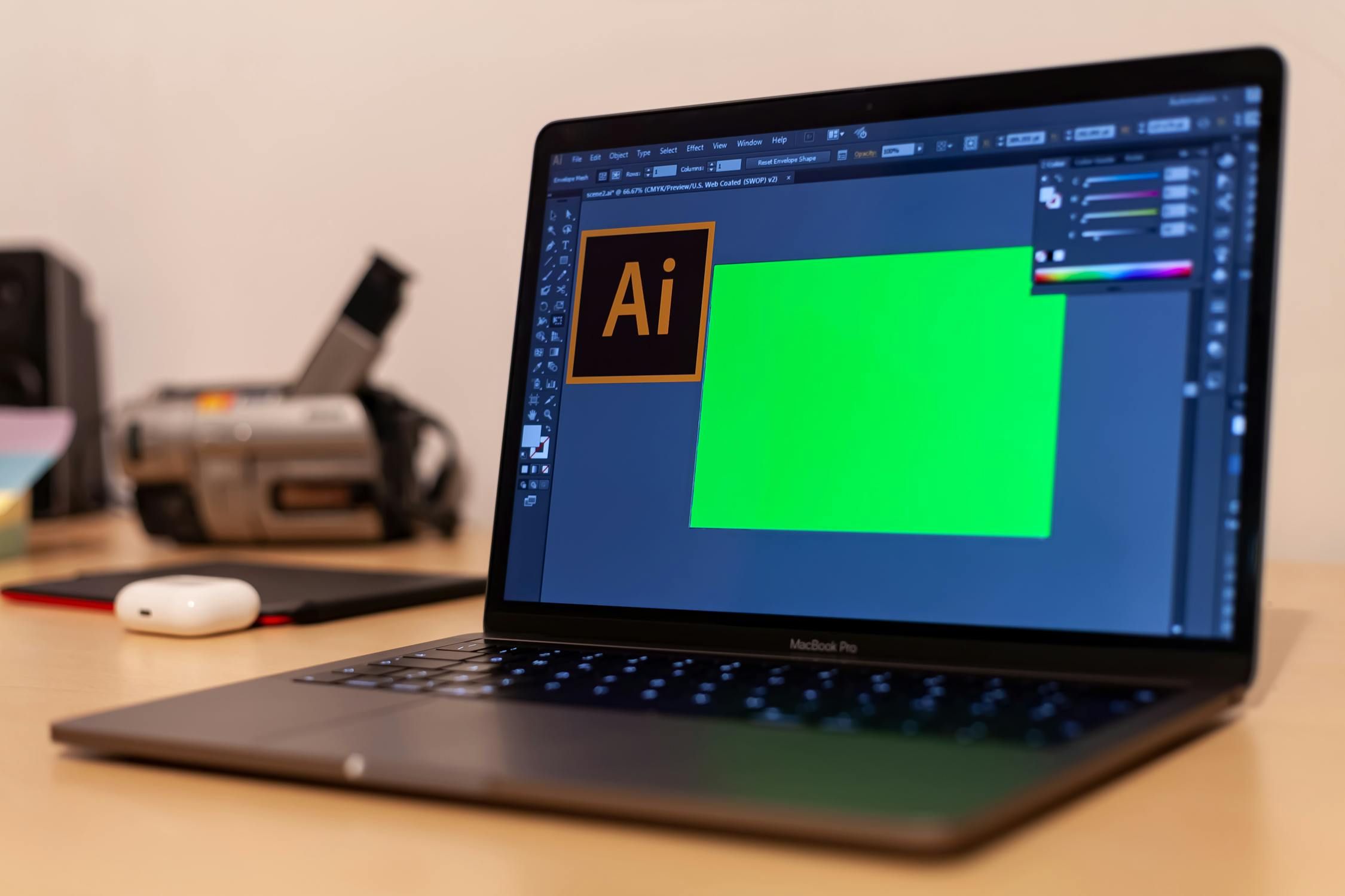 A laptop showing Adobe Photoshop application open on the screen