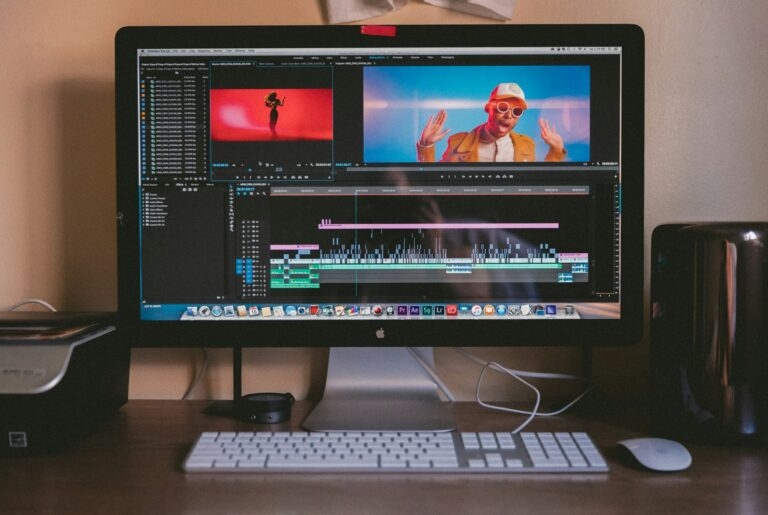 Video editing software with a timeline and preview window appears on a computer screen